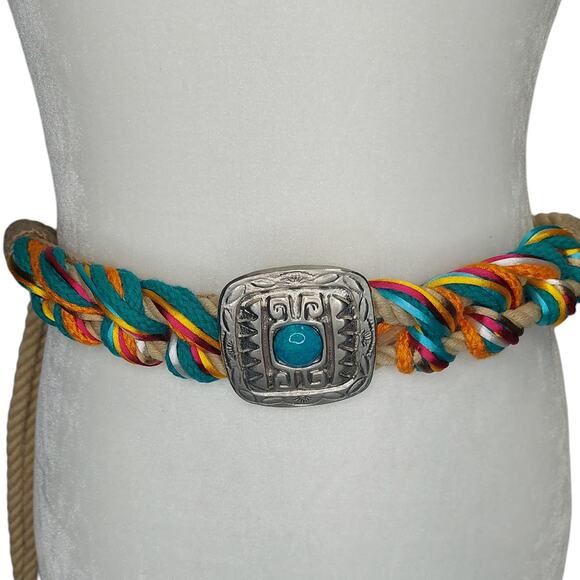 Western Braided Rope Belt Turquoise & Silver belt Buckle - Picture 1 of 5